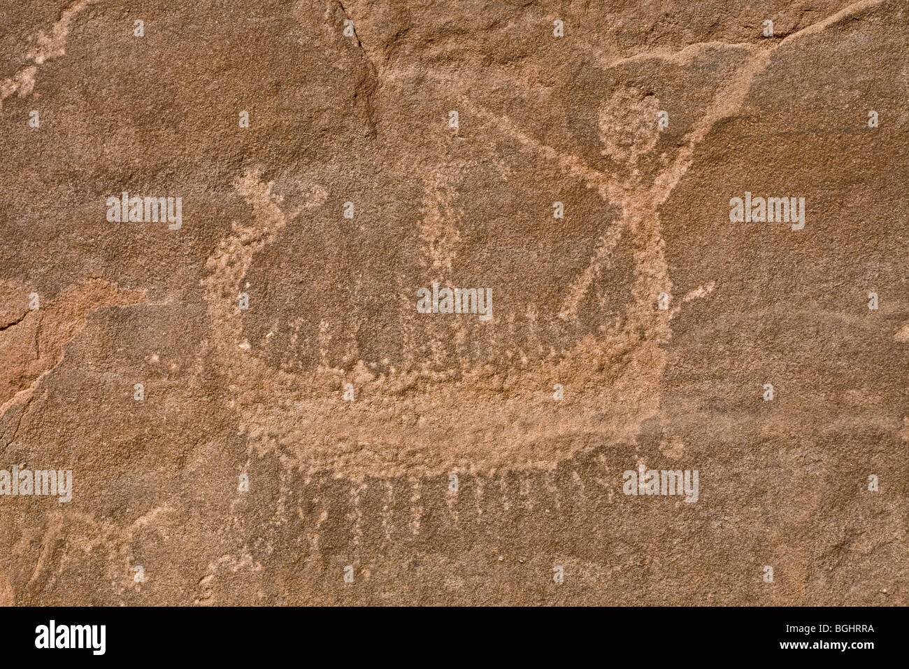 Close up of one of the small boat images at Winklers famous Rock-Art site 26 in Wadi Abu Wasil in the Eastern Desert of Egypt. Stock Photo
