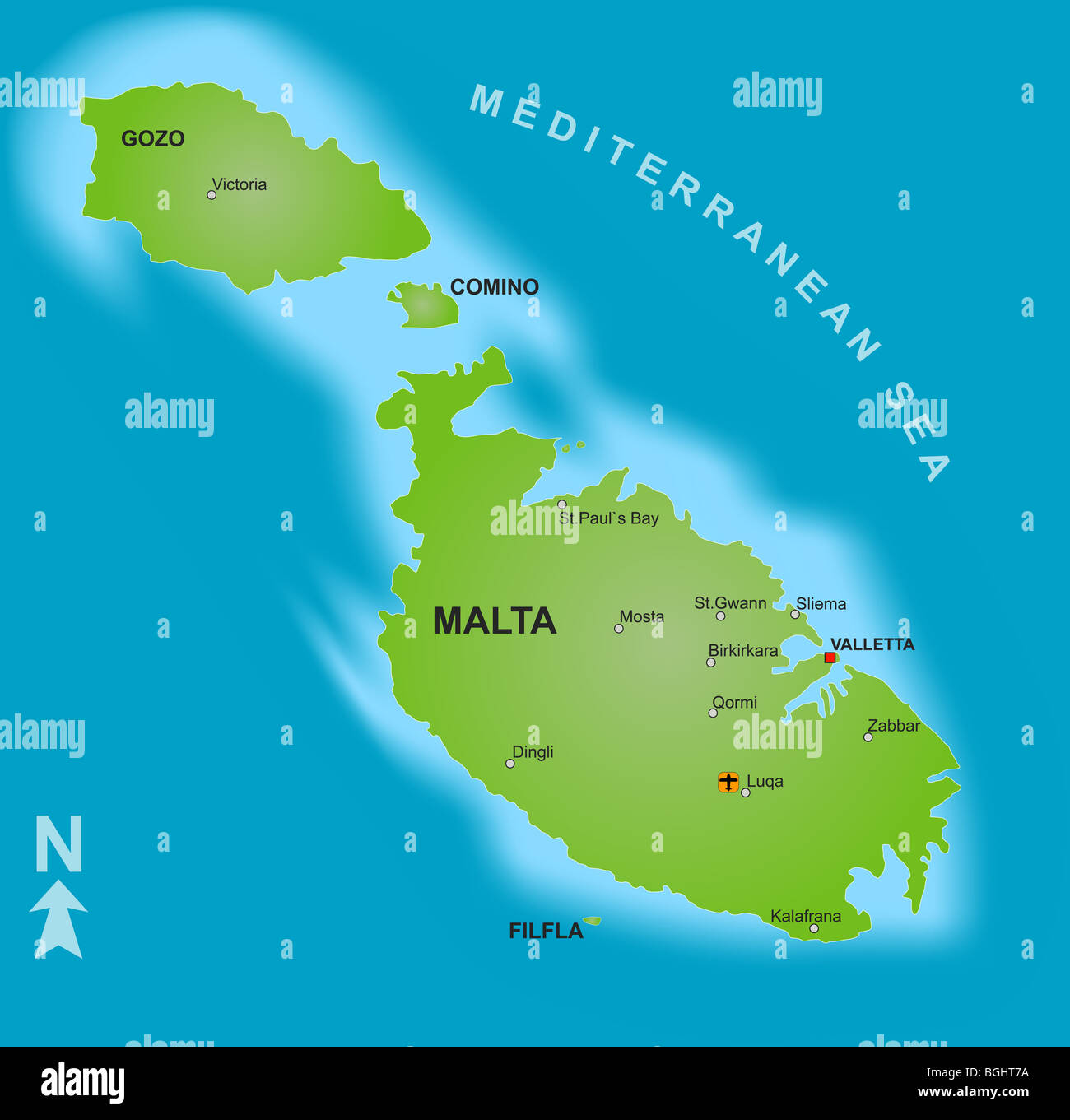 A stylized map of Malta showing the islands and different cities. Stock Photo