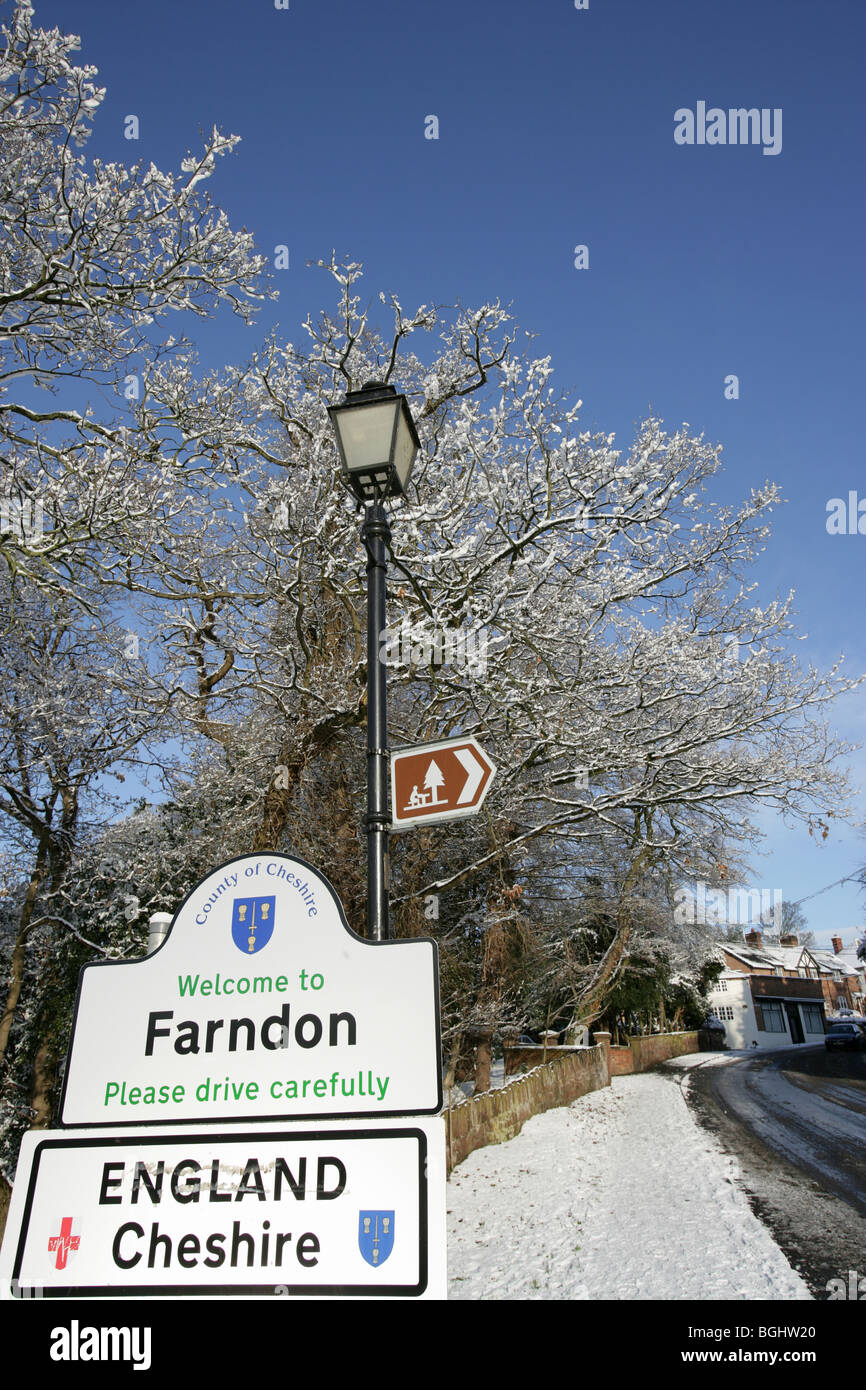Village of Farndon, England. Picturesque winter snowy view of the