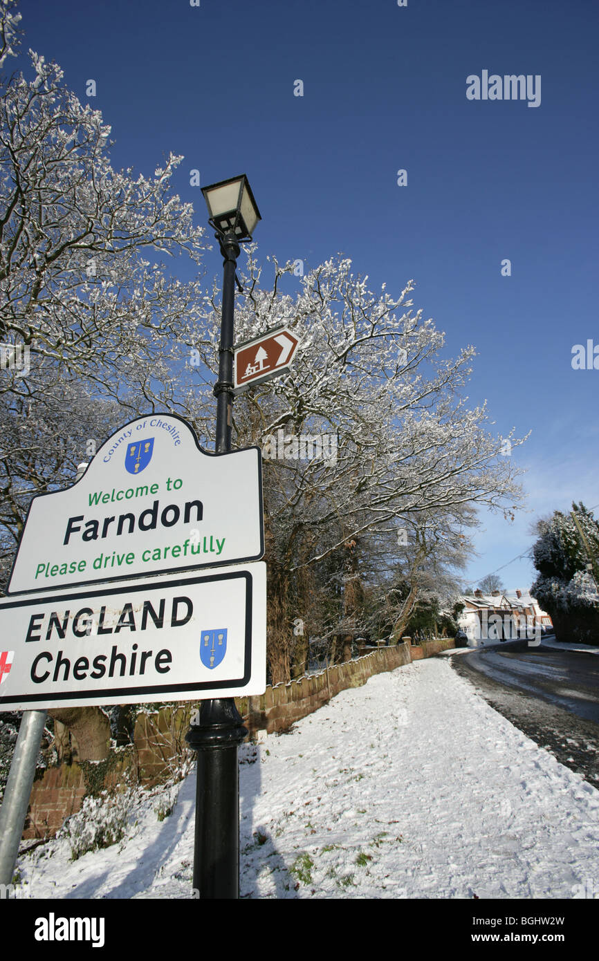 Village of Farndon, England. Picturesque winter snowy view of the