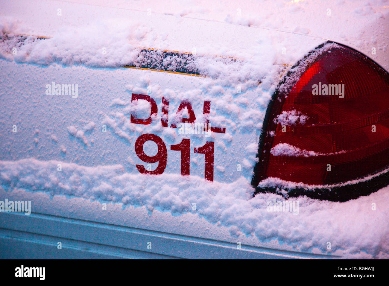 Police Car in a Snowstorm New York Stock Photo