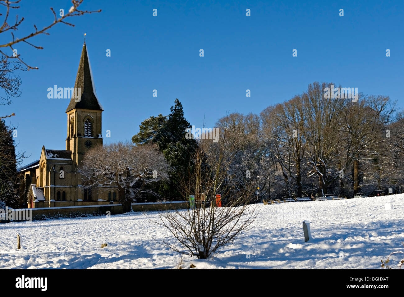St Peter's Church, Southborough, Kent, UK seen in the snow from