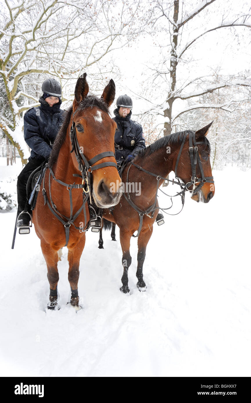 police on horseback in winter park Stock Photo
