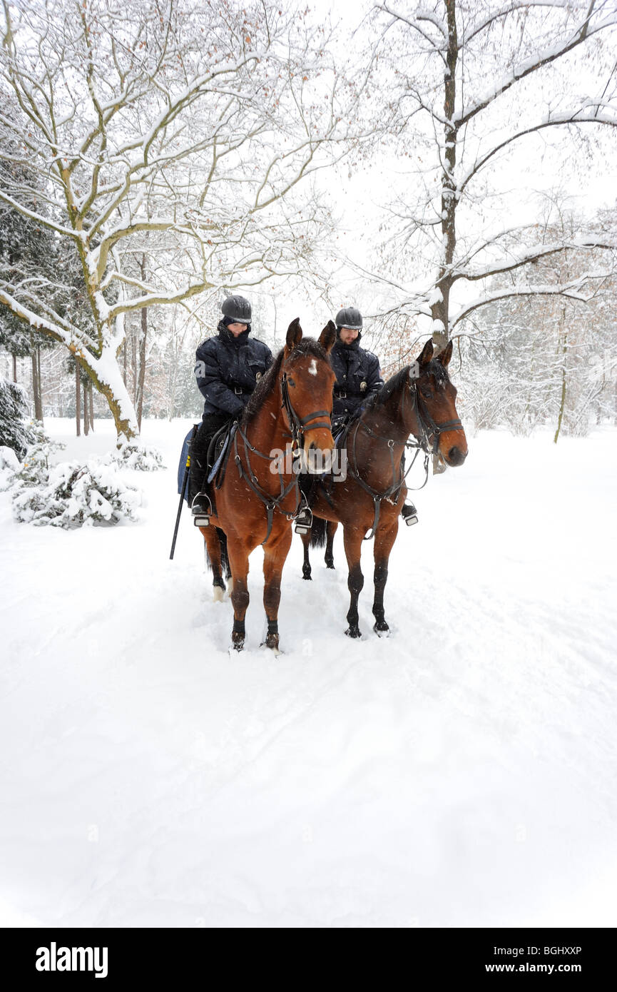 police on horseback in winter park Stock Photo