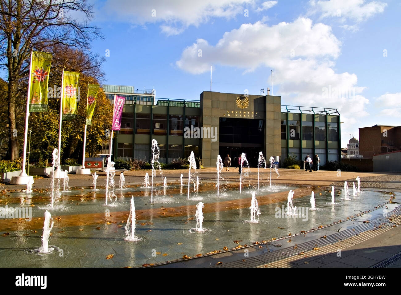 A view of Coventry University showing the water feature outside Stock