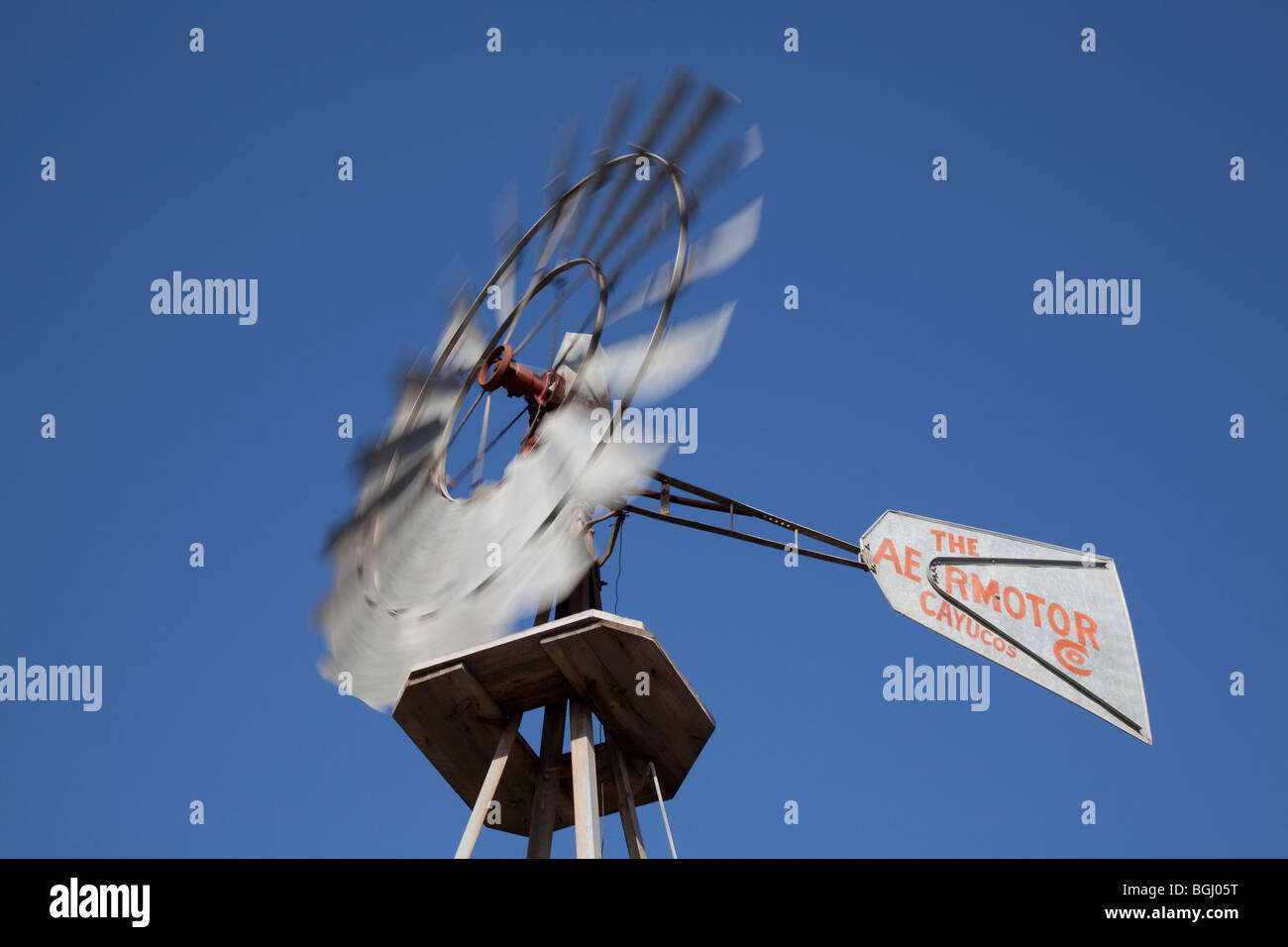 Aermotor Windmill closeup with moving blades in Cayucos, California Stock Photo