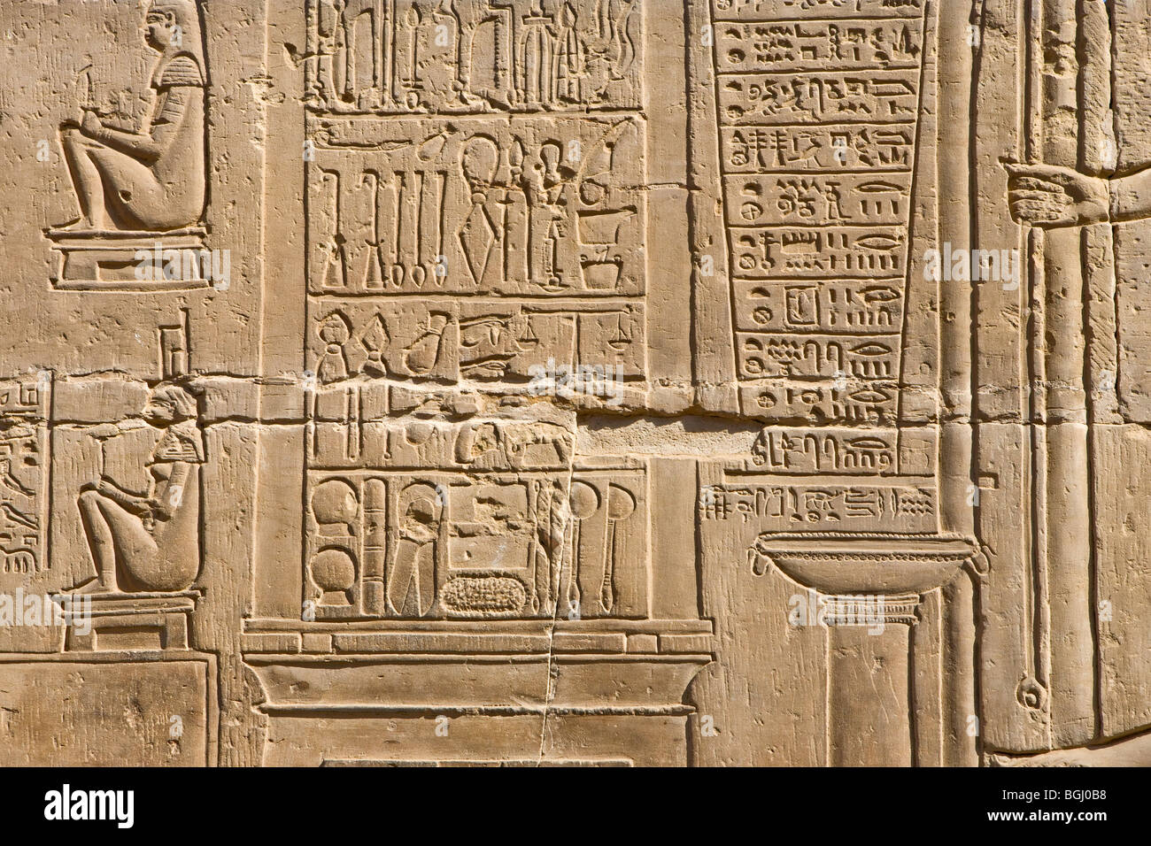 Relief depicting medical instruments outer corridor the Temple of Haroeris and Sobek at Kom Ombo in the Nile Valley, Upper Egypt Stock Photo