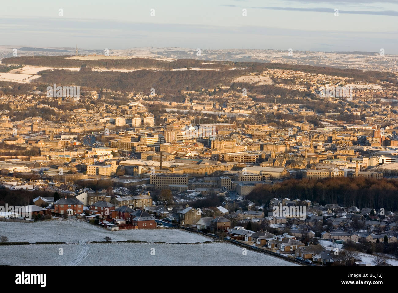 The snow covered view of Huddersfield's centre, taken from Castle Hill Stock Photo
