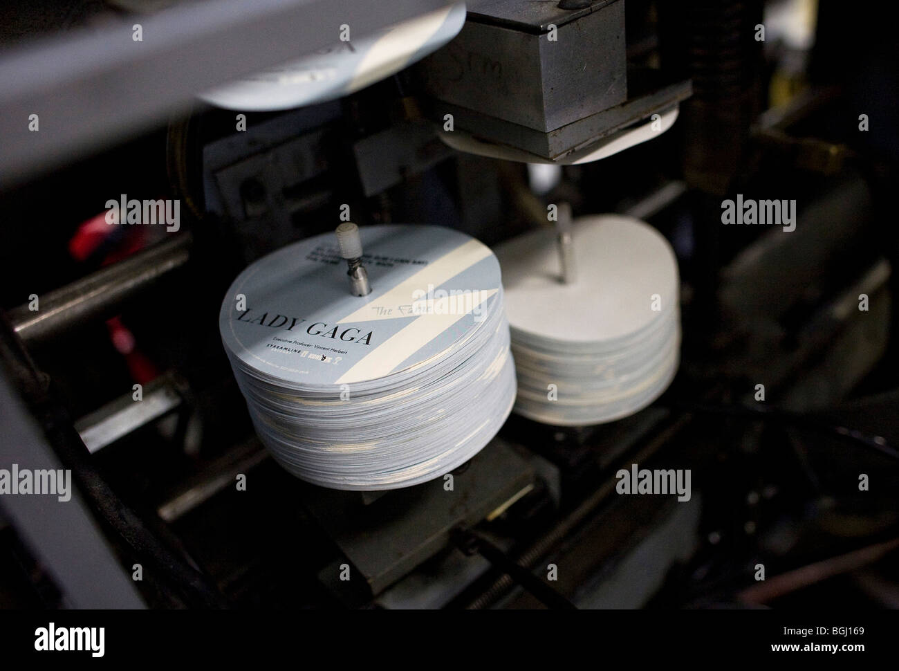 The United Record Pressing plant. Lady Gaga records being pressed. Stock Photo