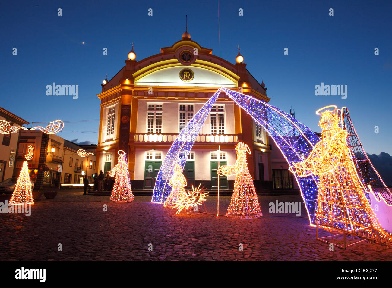 The theater building and some Christmas decorations in the city of Ribeira Grande. Azores islands, Portugal. Stock Photo