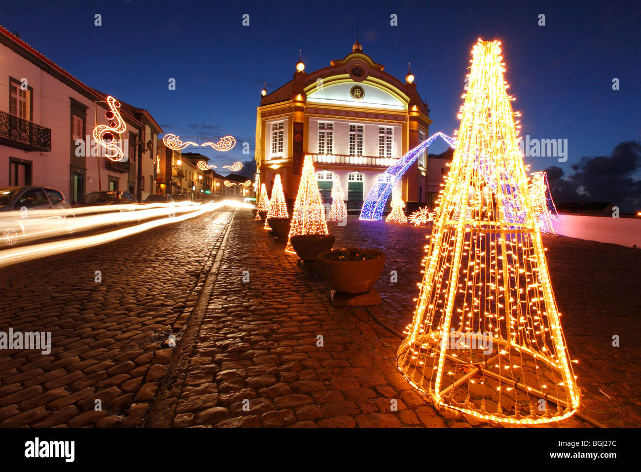 The theater building and some Christmas decorations in the city of Ribeira Grande. Azores islands, Portugal. Stock Photo