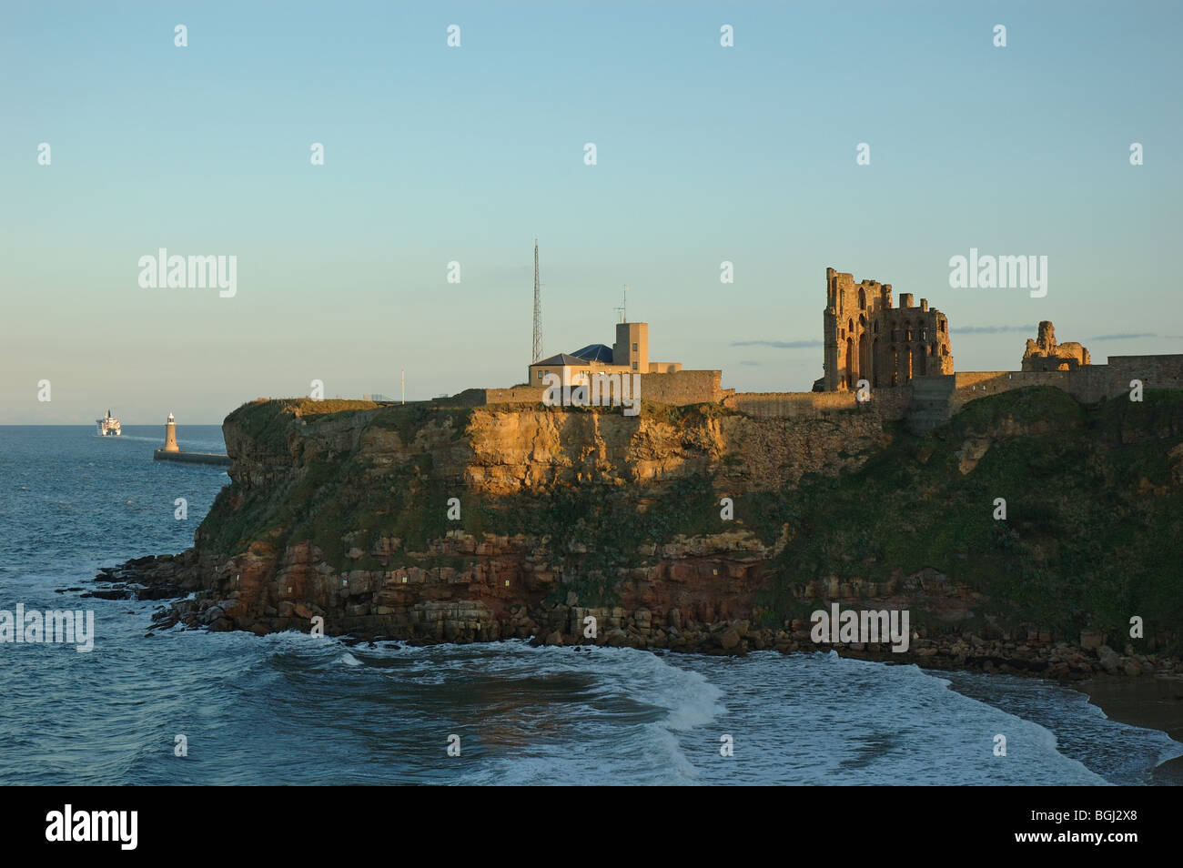 Tynemouth Priory and coastguard buildings, Tynemouth, Tyne and Wear, England, UK Stock Photo