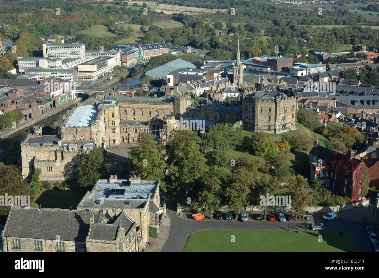 aerial view of University College and Durham Castle, Durham, County Durham, England, UK Stock Photo