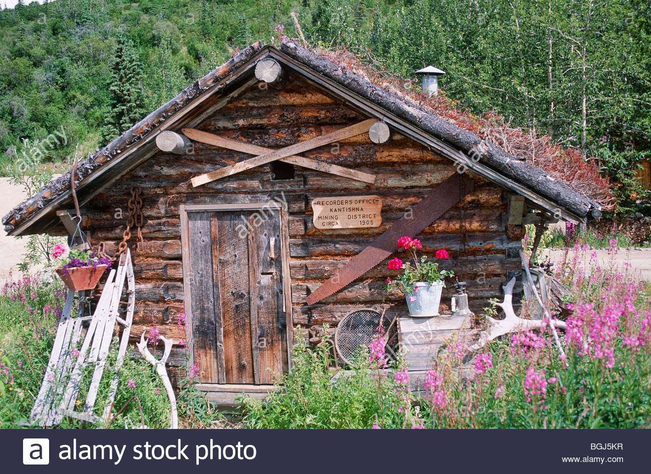 Alaska Kantishna Old Miners Cabin With Sod Roof Stock Photo