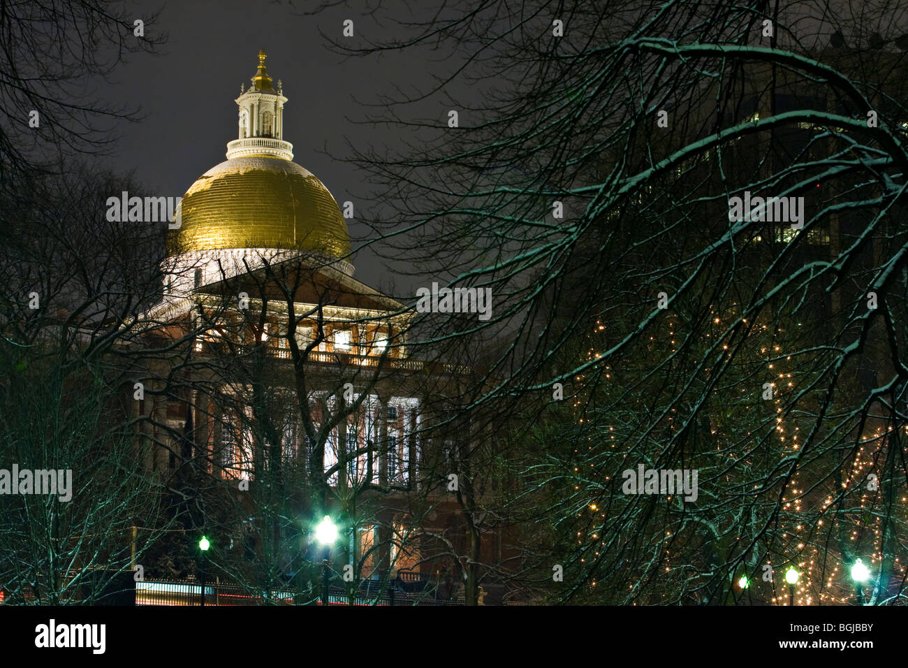 Boston Massachusetts State House at night in Winter. Stock Photo