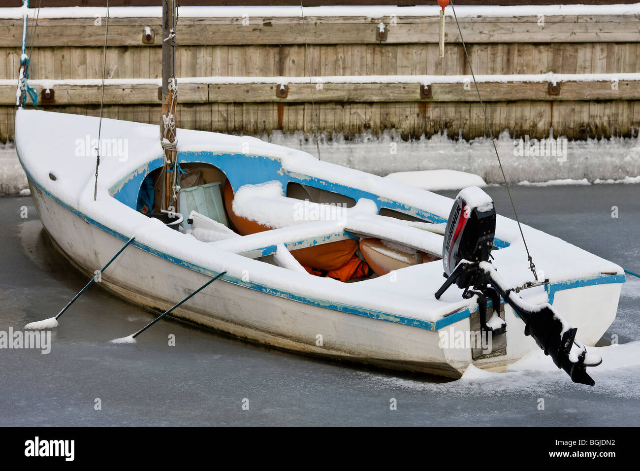 Freezing motor boat in Sundby Sejlforening harbour Stock Photo Alamy