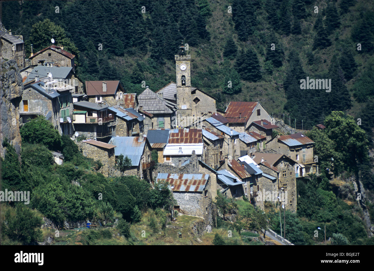 View over Roubion, a Perched Alpine Village or Mountain Village in the Tinée Valley, French Lower Alps, Alpes-Maritimes, France Stock Photo