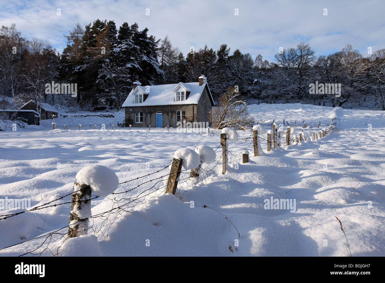 Remote house in rural scene in snow covered country landscape during winter in Scotland, UK Stock Photo
