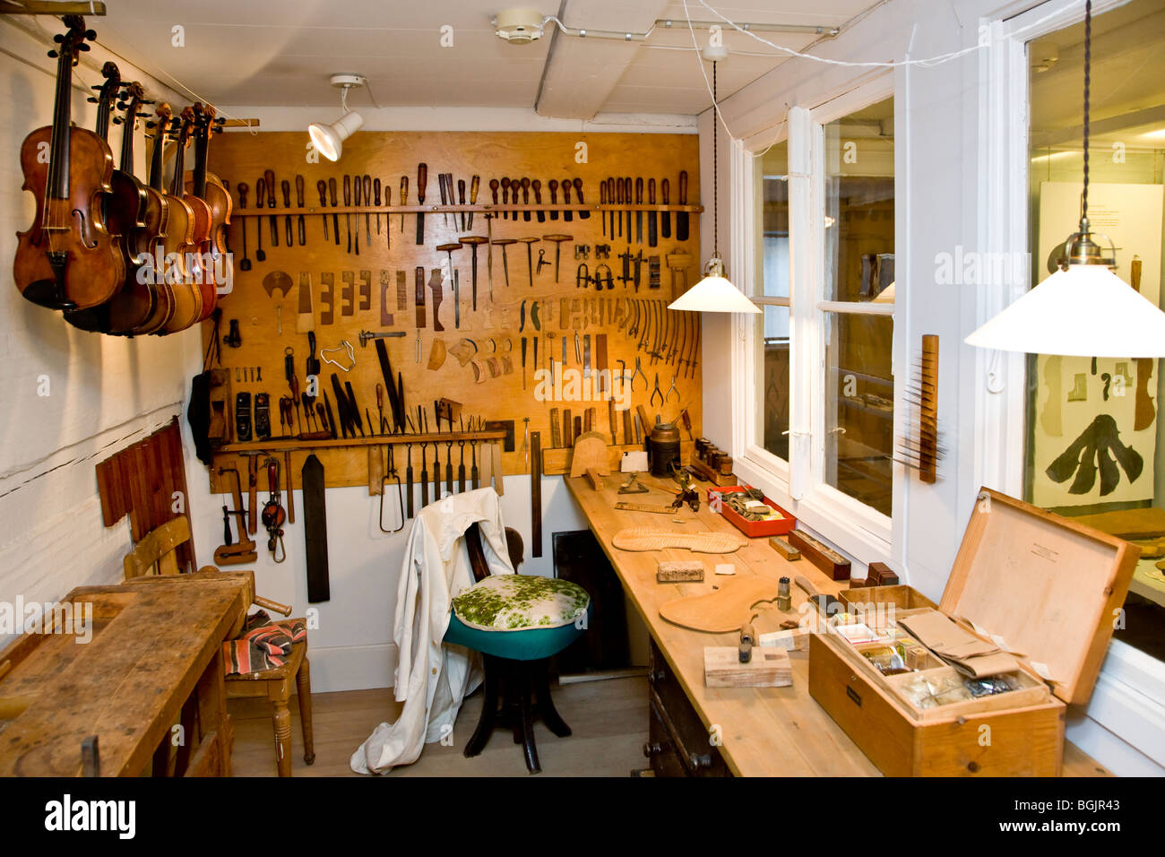 A violin makers workshop Stock Photo