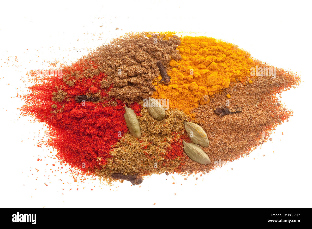 Mixture of 8 different herbs and spices for 'Chicken Madras' Stock Photo