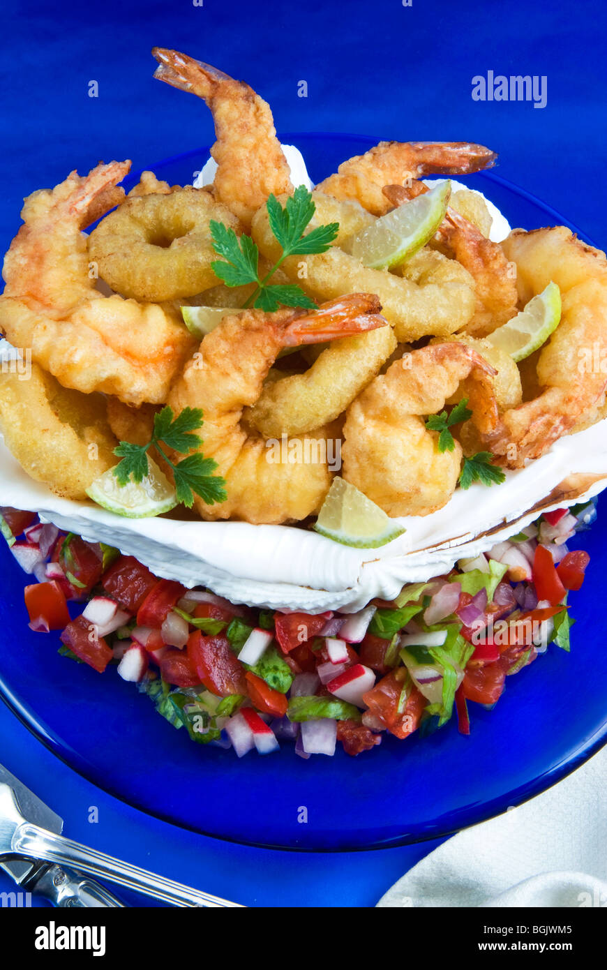 Egyptian deep fried shrimps and calamari and arabieth salade, Arabic
