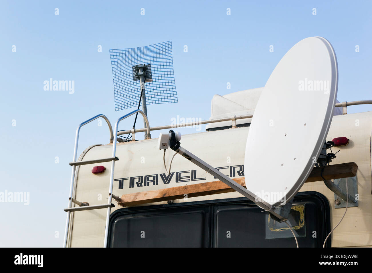 Communication antennae on camper van. Stock Photo