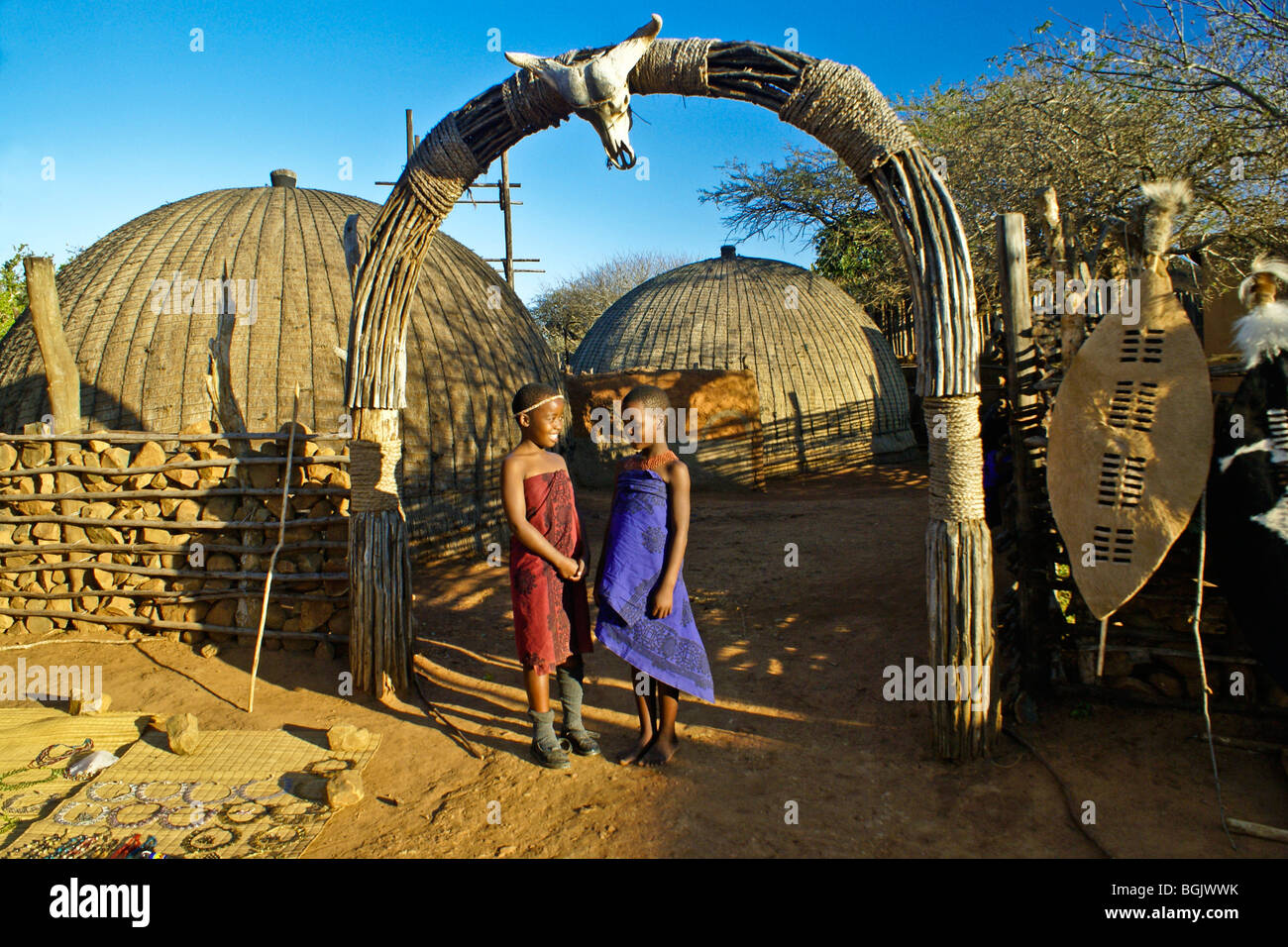 Zulu children in homestead, Shakaland, South Africa Stock Photo