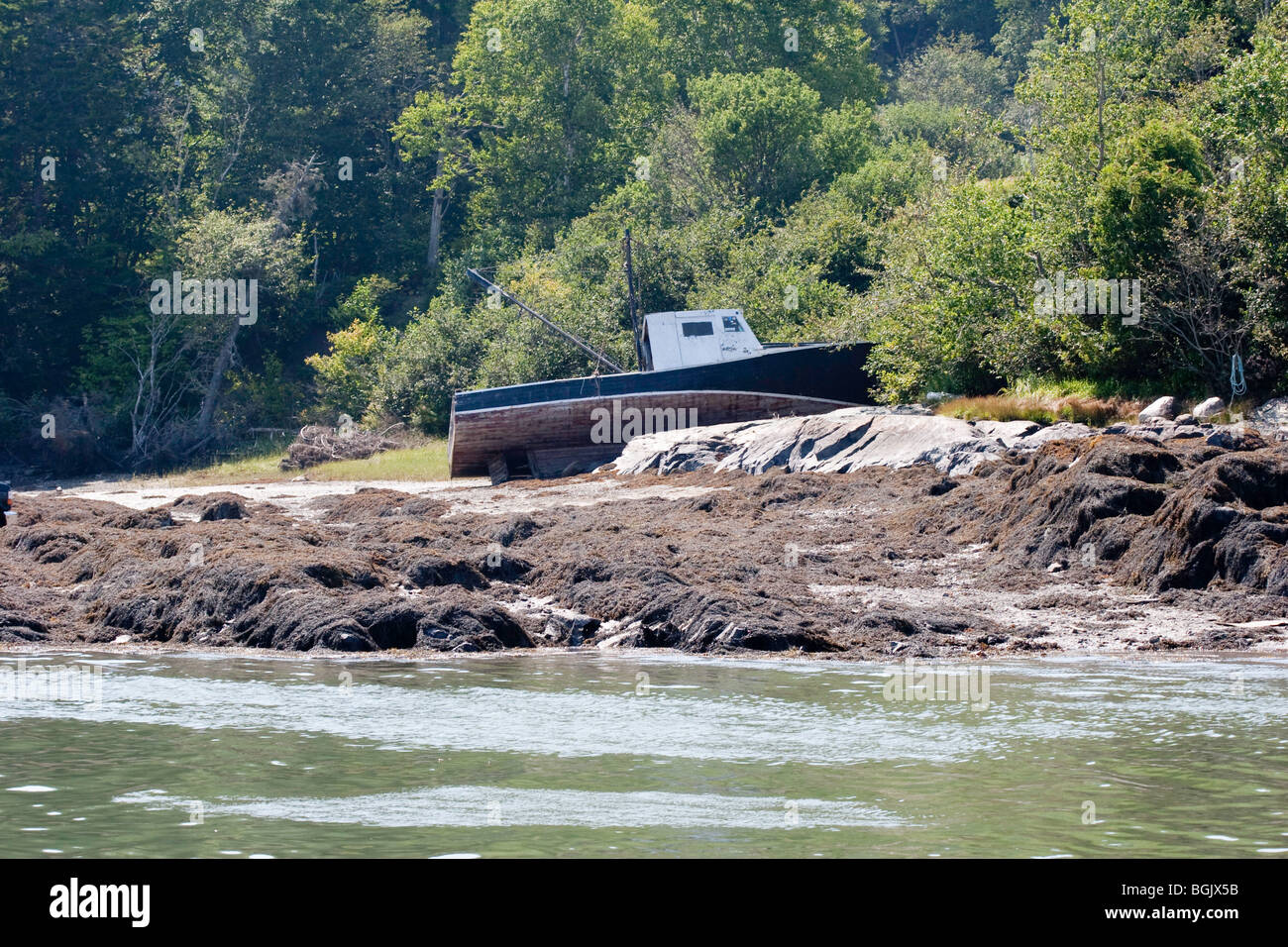 Abandoned Fishing Boat, Little Kennebec Bay, near Machias, Maine Stock