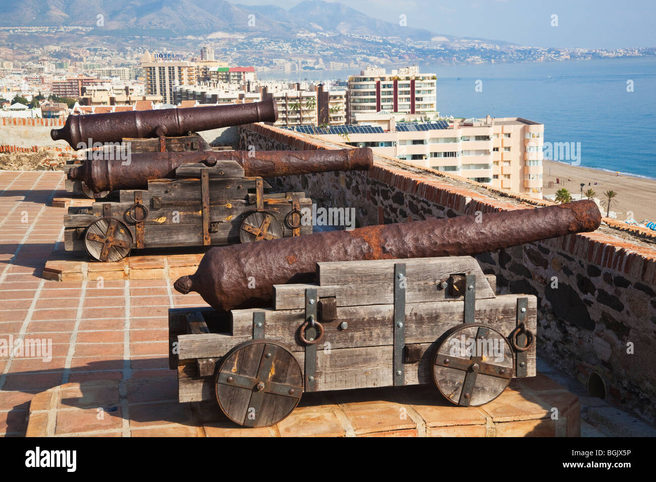 Fuengirola, Malaga Province, Costa del Sol, Spain. View over the gun battery of Sohail castle to the city. Stock Photo