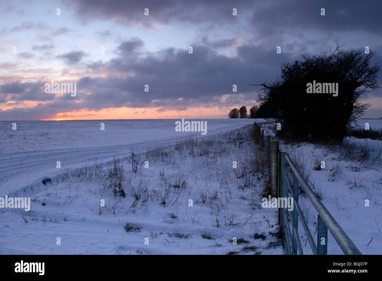 Snow on the Imber Range Perimeter at dusk, Wiltshire, England, UK Stock Photo