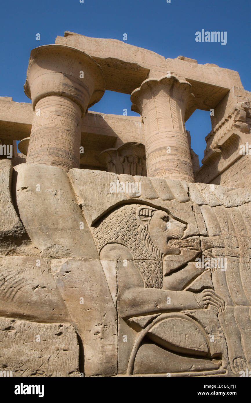 Relief of lion  in outer corridor of the Temple of Haroeris and Sobek at Kom Ombo in the Nile Valley, Upper Egypt Stock Photo