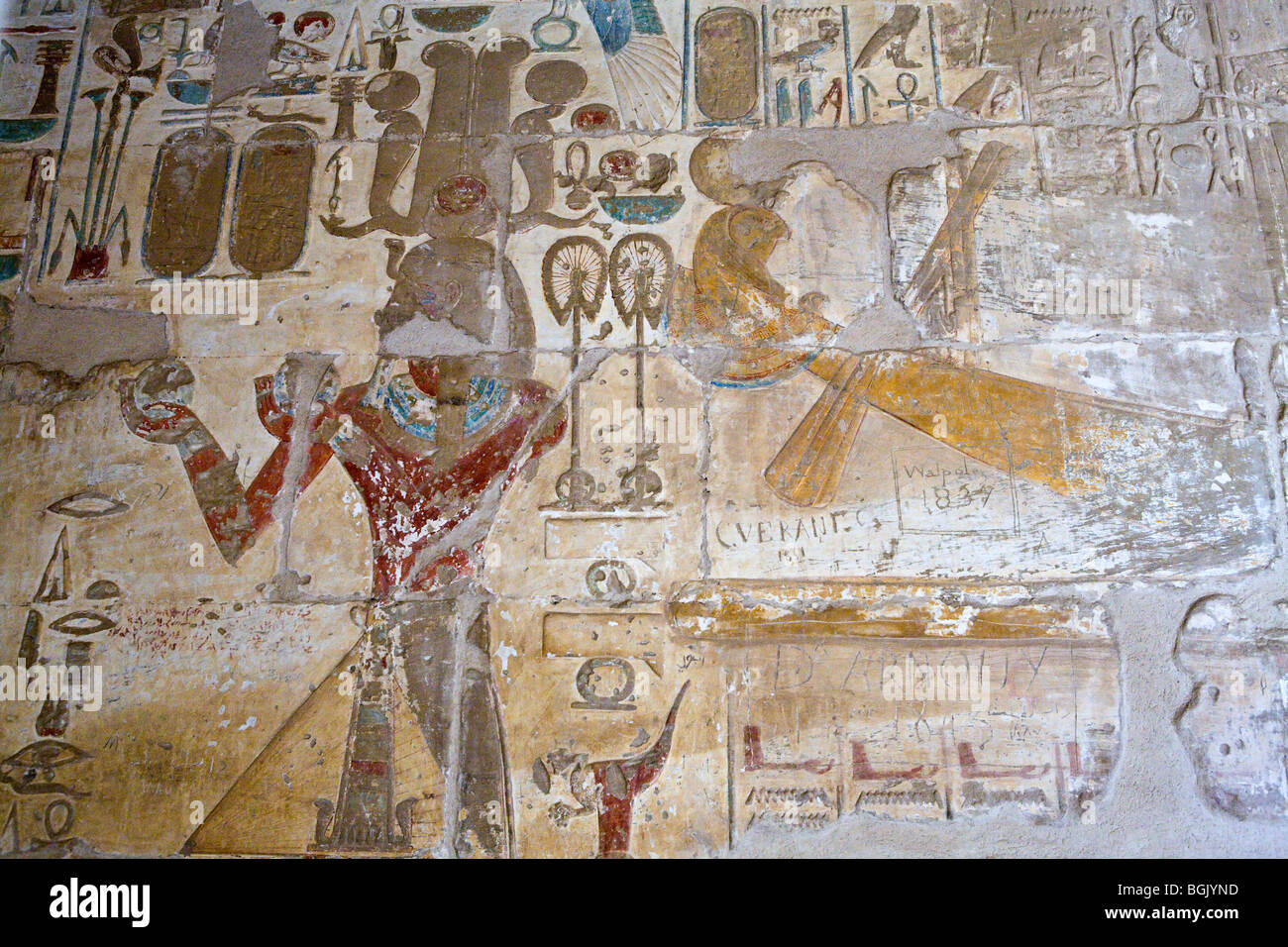 Painted walls in the small single chamber temple built by Tuthmose IV and Amenhotep III. At El Kab, South of Luxor, Egypt Stock Photo