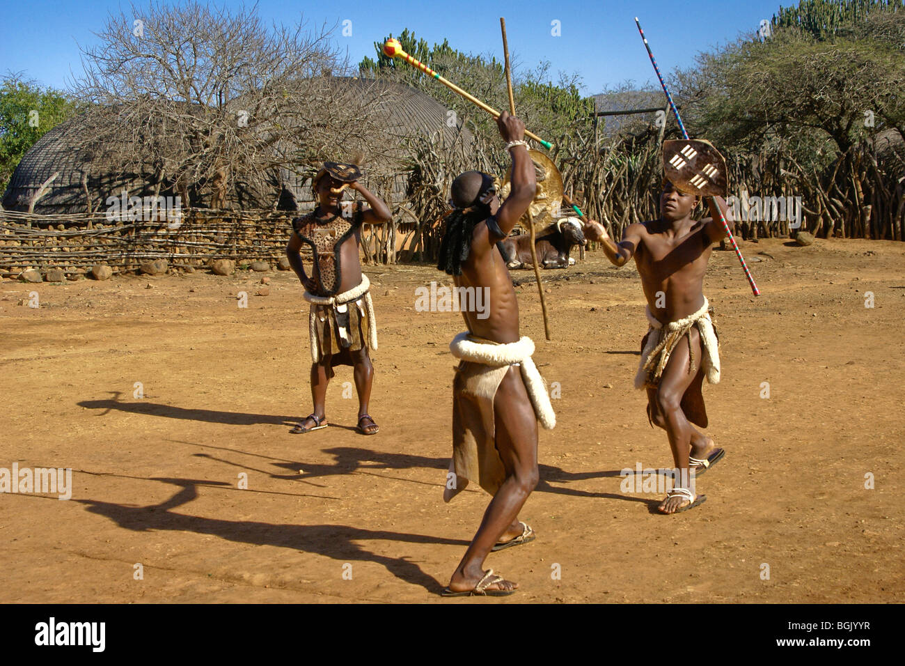 Zulu men give an example of stick fighting at Shakaland, KwaZulu