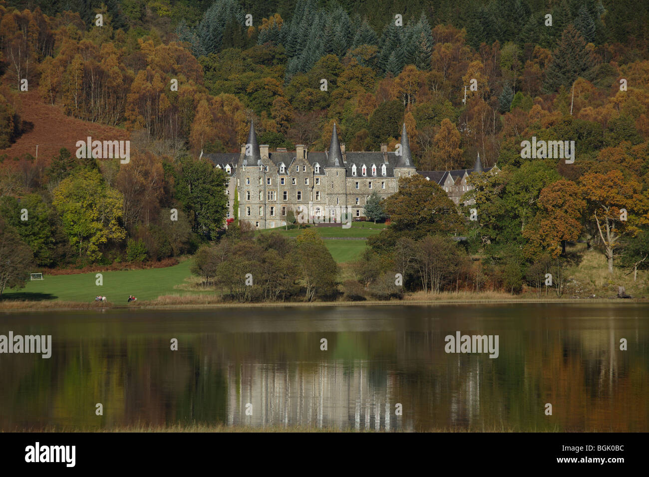 Tigh Mor Holiday Homes, formerly Trossachs Hotel, on Loch Achray in Autumn, Loch Lomond and