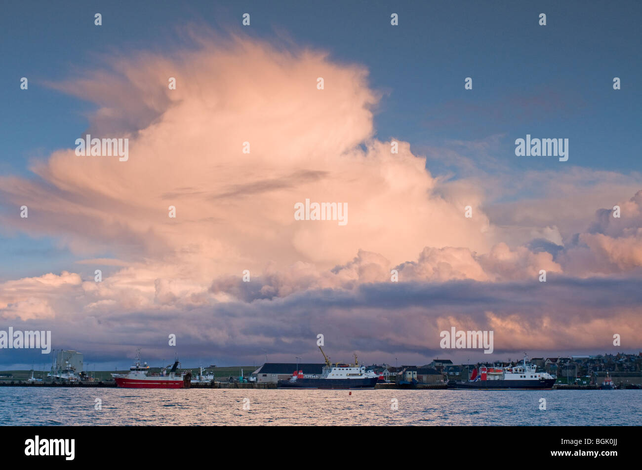 Cumulus cloud build up over Kirkwall Harbour Orkney Scotland Stock Photo