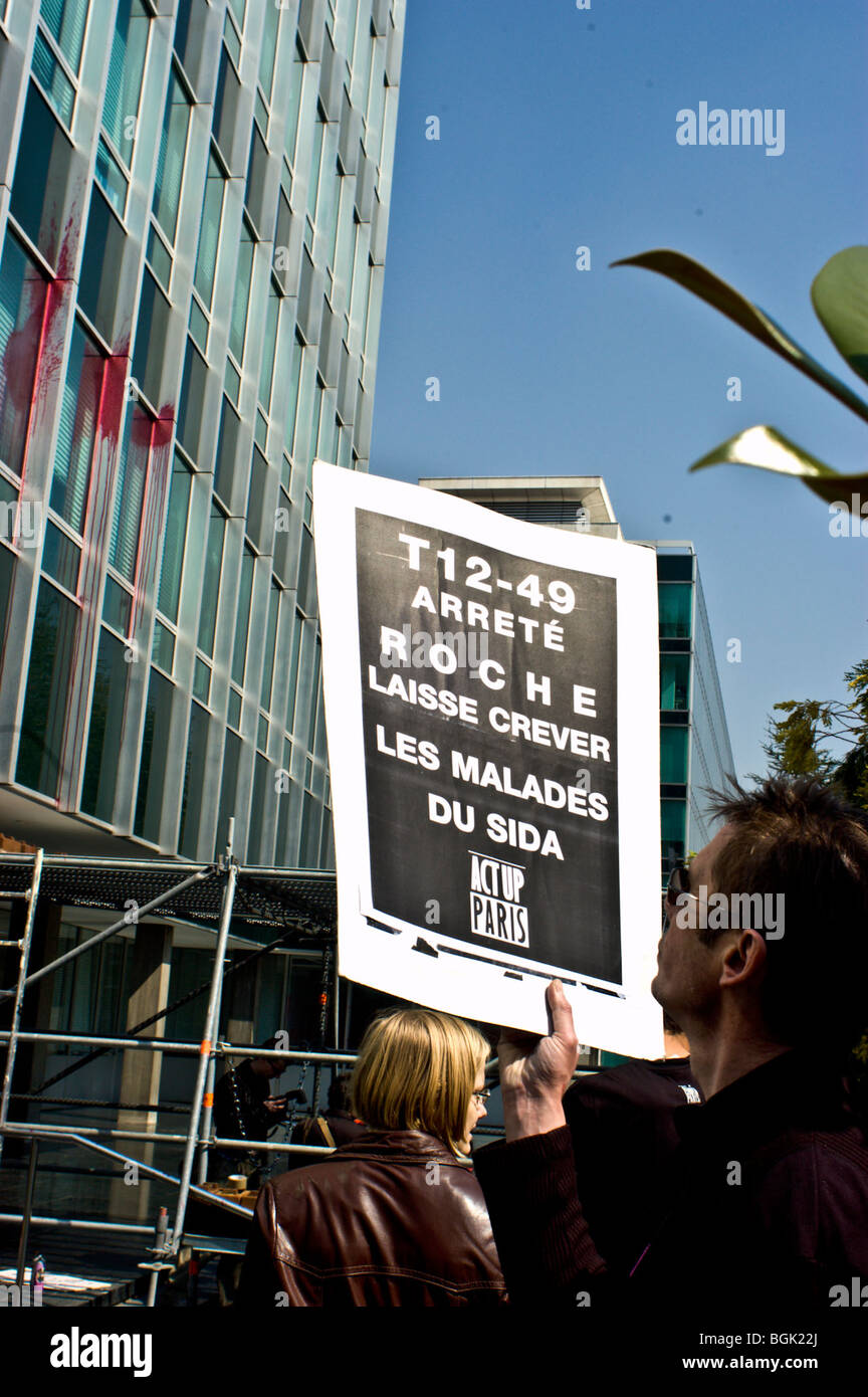 Paris, France - Detail, Sign, AIDS Activists of Act Up-Paris Protesting Against Pharmaceutical Corporation, Roche, Holding Sign, act up poster Stock Photo