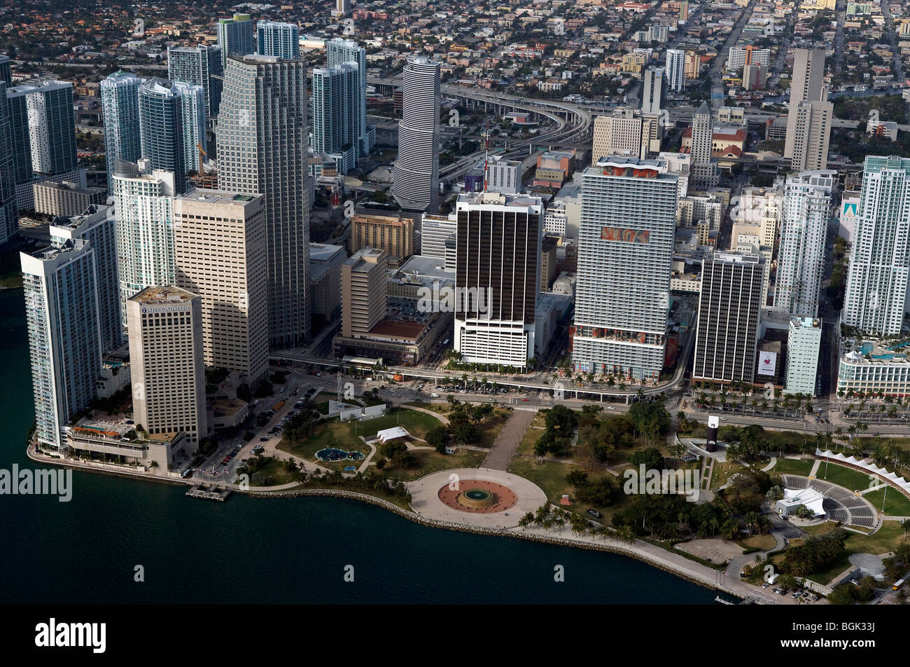 aerial view above Bayfront Park Miami Florida Stock Photo