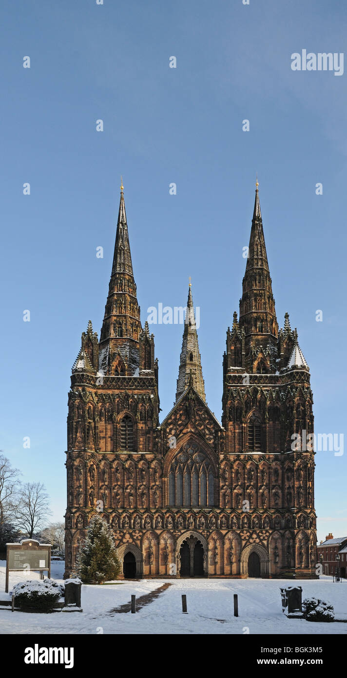 Lichfield Cathedral three spires west front and Christmas Tree
