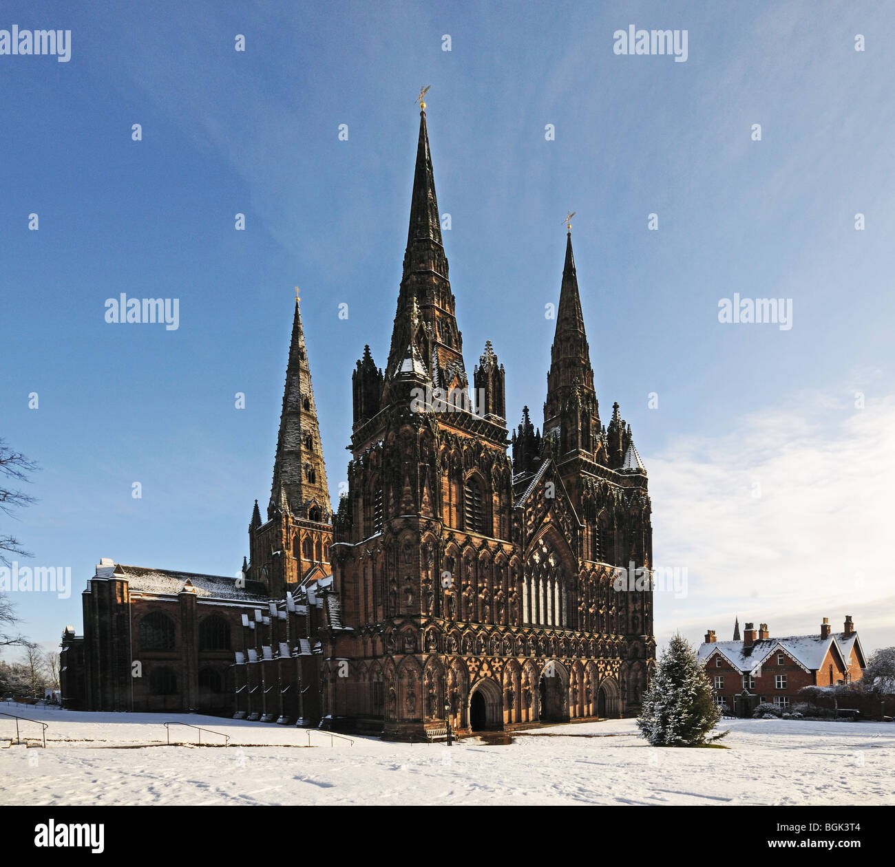 Lichfield Cathedral three spires west front and Christmas Tree