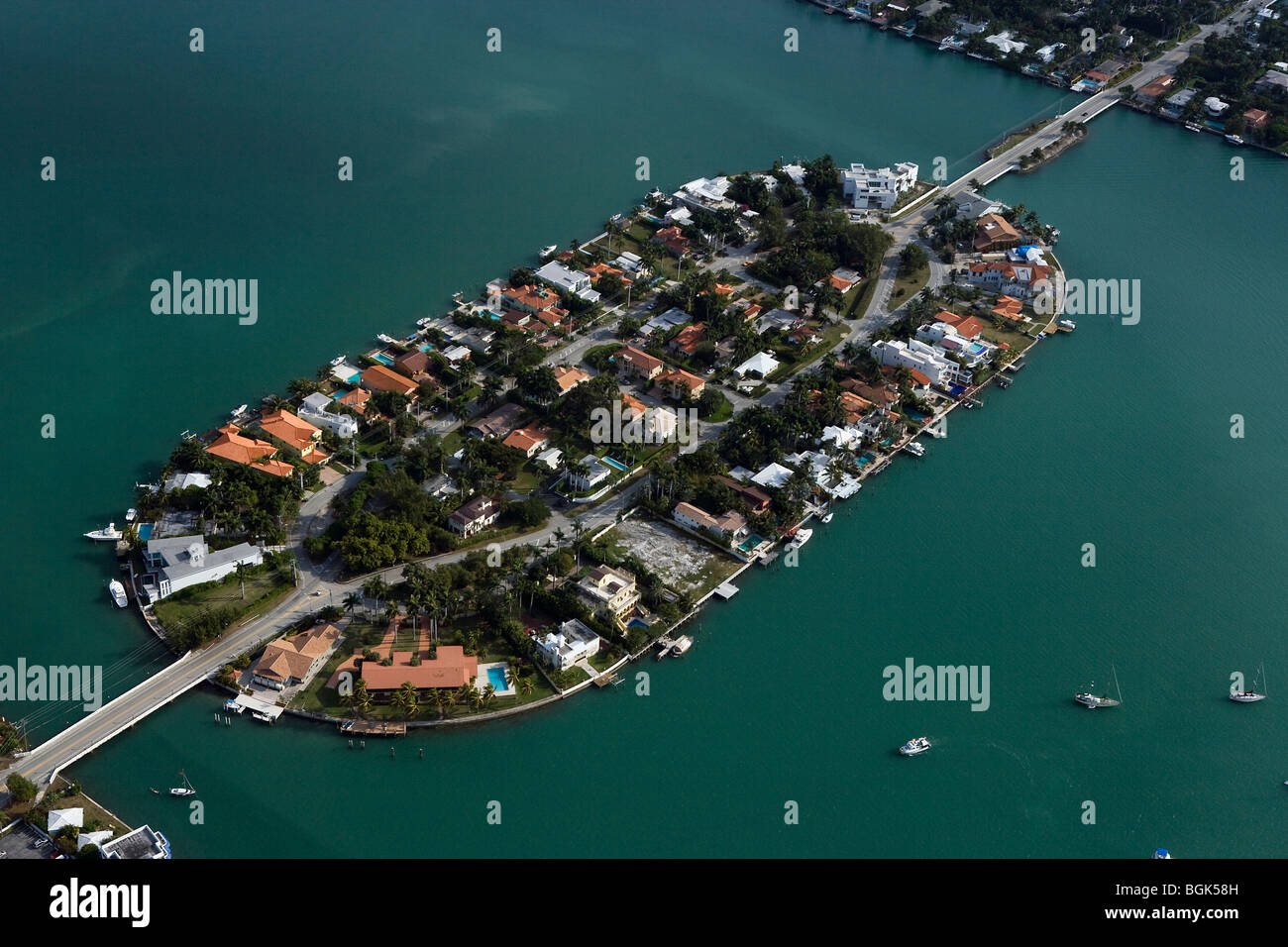 aerial view above San Marco island Biscayne Bay Miami Florida Stock Photo
