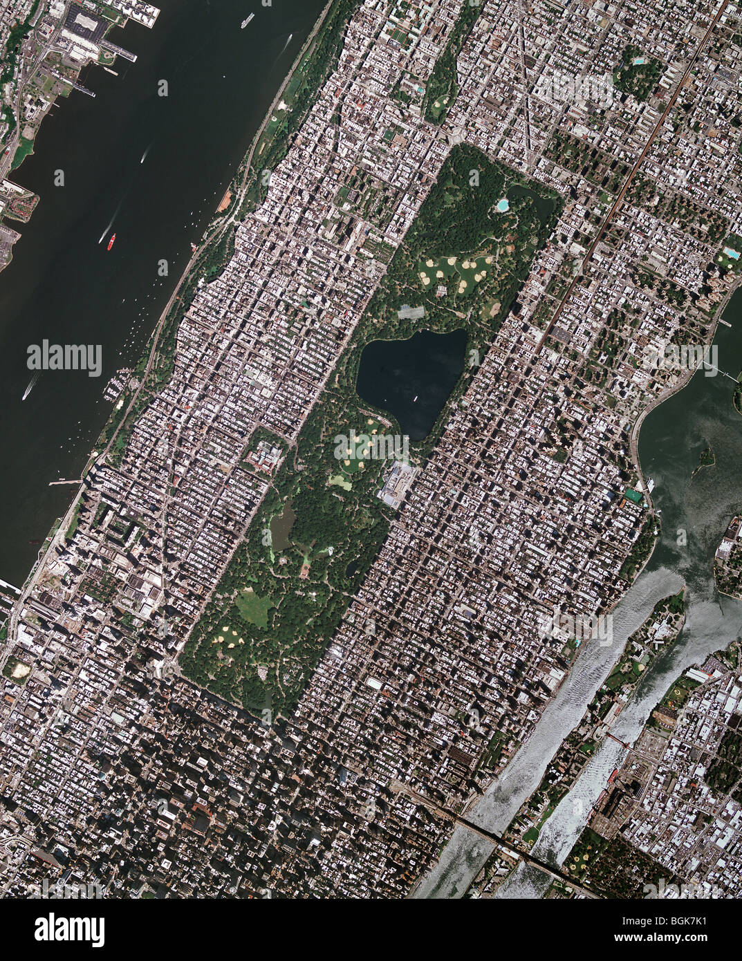 aerial map view above midtown Manhattan Central Park Roosevelt Island New York City Stock Photo