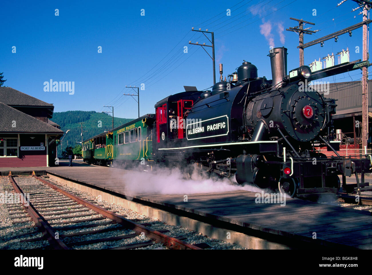 Steam Train Engine Locomotive, Port Alberni Railway Station, Vancouver Island, BC, British Columbia, Canada - Historic Trains Stock Photo