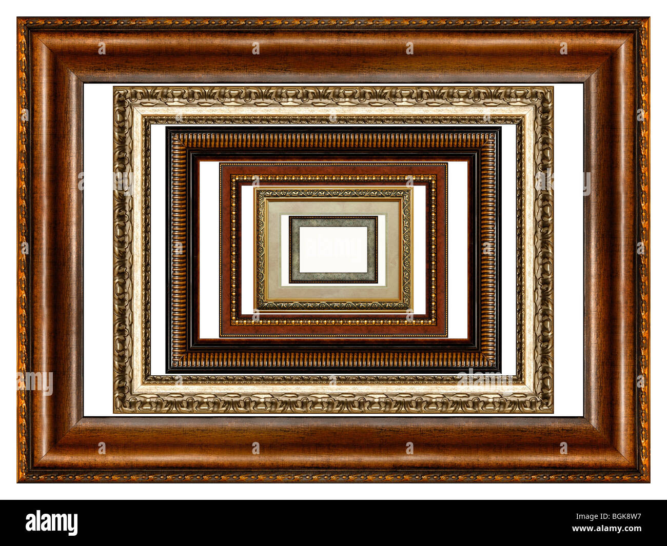 Set of six antique wooden picture frames with pattern isolated on white