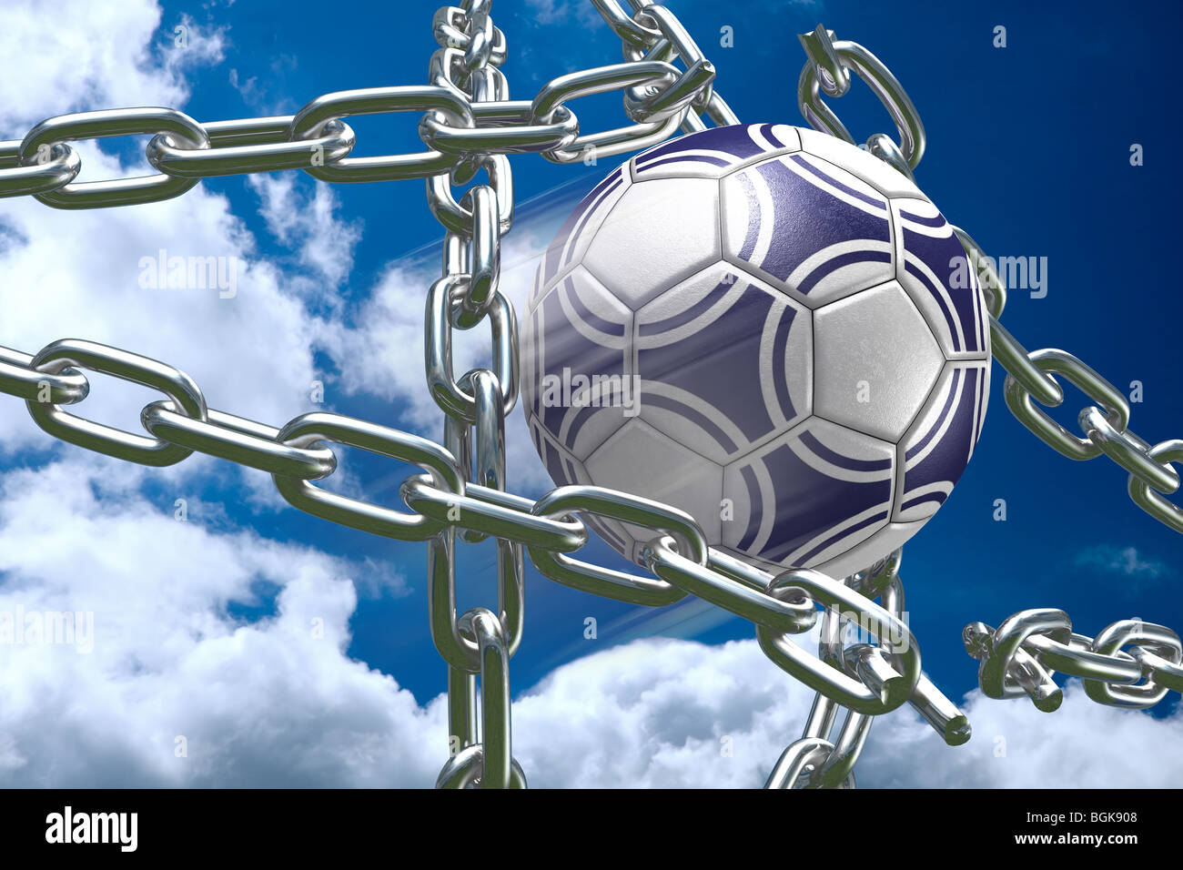 3D soccer ball tearing silver chains apart making goal abstract competition concept Stock Photo