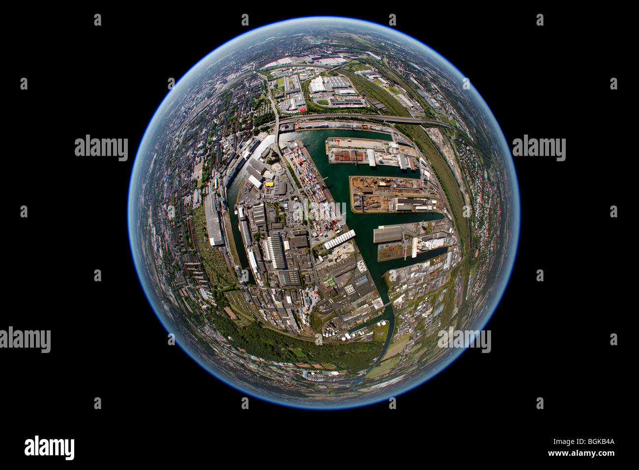 Aerial view, fisheye, DortmundEms Canal, container terminal, inland