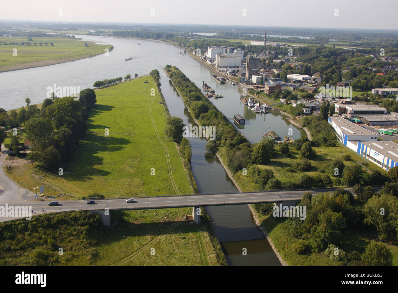 Aerial photo, Lippe river estuary, Wesel, Huenxe, Rhine river, port, North Rhine-Westphalia, Ruhr, Germany Europe Stock Photo