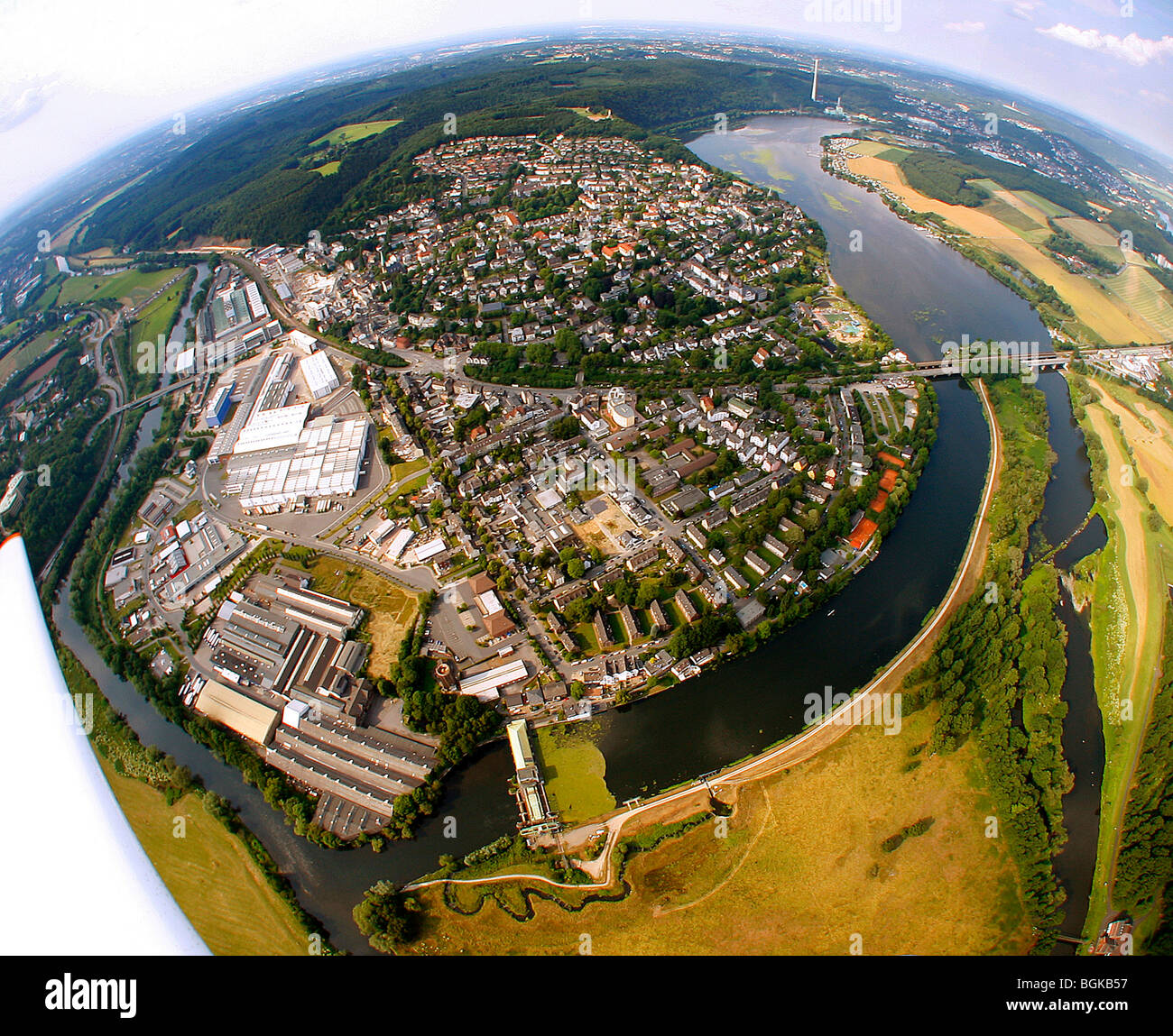 Aerial photo, Ruhr river bend, Harkortsee lake, Wetter market town ...