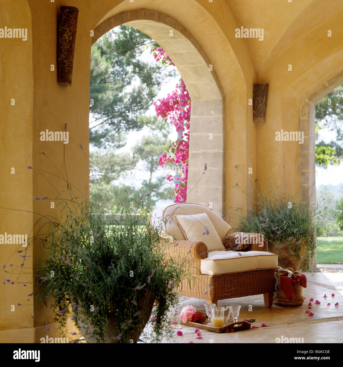 Mallorcan Finca outdoor colonnaded  terrace Stock Photo