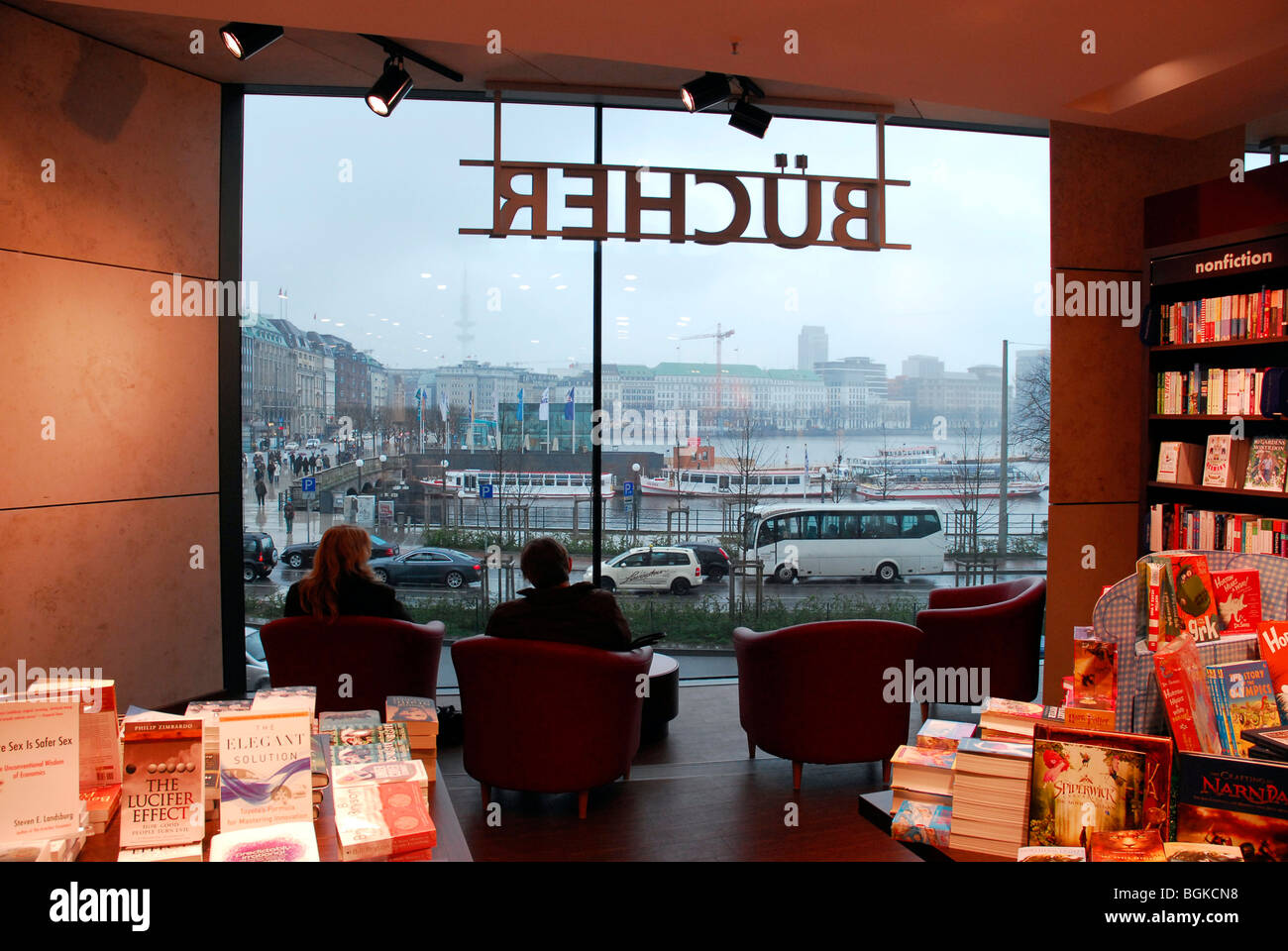 Window with views of the Inner Alster lake, lettering Buecher, books, Thalia  bookstore, Europa-Passage, Ballindamm, Hamburg, Ge Stock Photo - Alamy