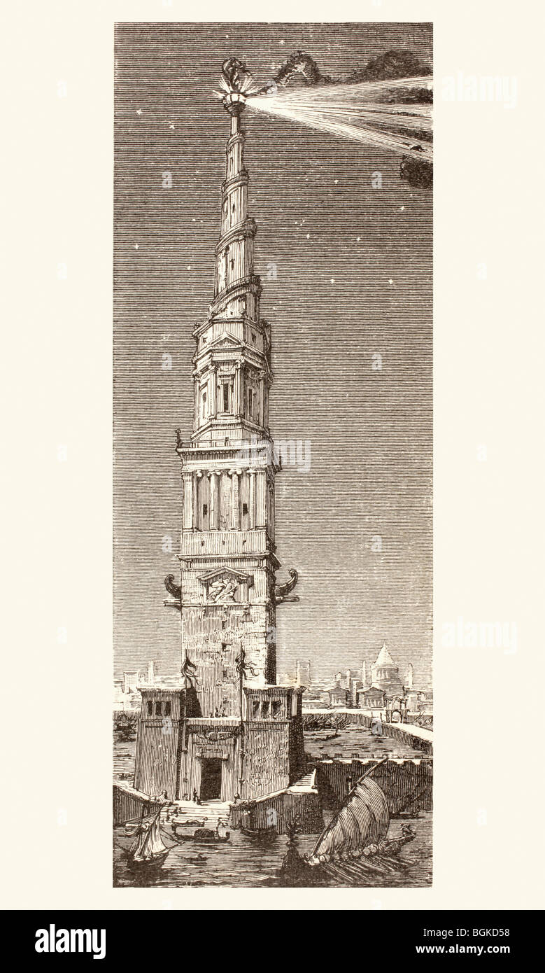 The Lighthouse on Pharos island, Alexandria, Egypt, after a fanciful 19th century illustration. One of Seven Wonders of World Stock Photo